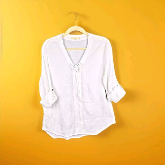 Side Stitch LA Cover Up Women M White Cotton Roll Tab Sleeves Lace Up V-Neck - Picture 12 of 12